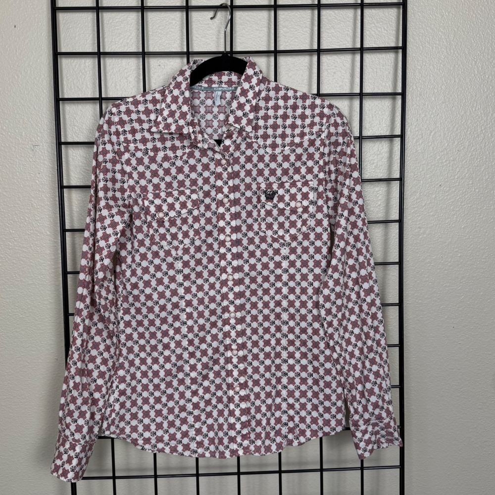 Cinch Western Shirt Womens Small Red Geometric Floral Pearl Snap Long Sleeve
